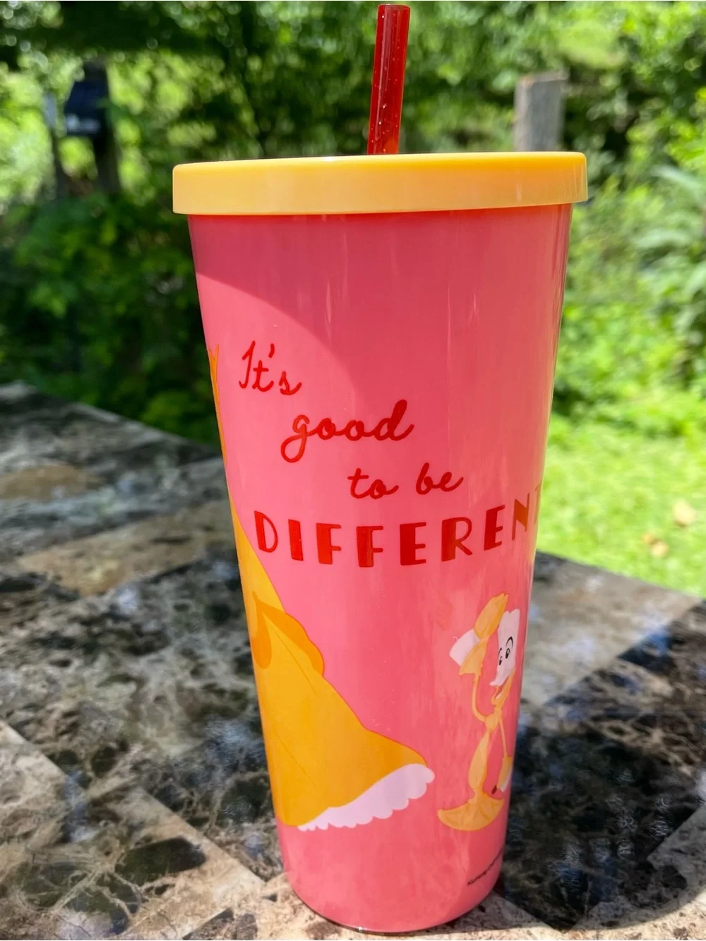Disney Belle Pink, Yellow & Red Plastic Party Cup with Straw